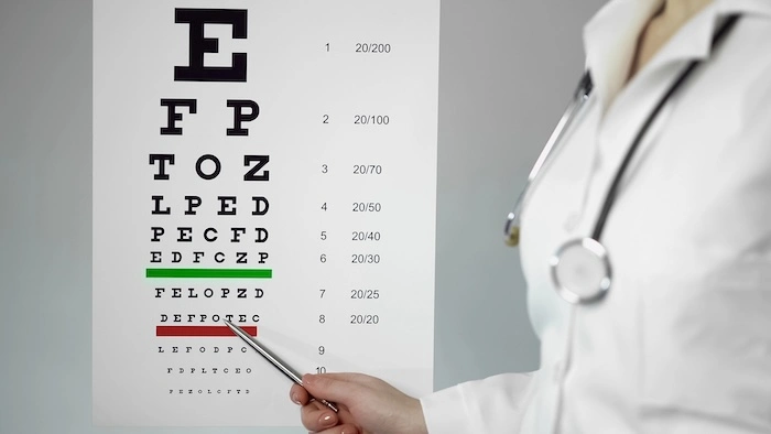 Doctor pointing to an eye chart during a vision exam.